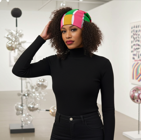 Woman wearing colorful beanie