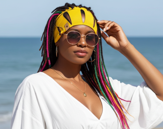 Woman with colorful braids wearing yellow beanie