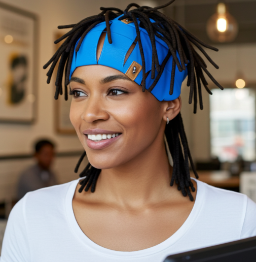 woman in blue beanie cap
